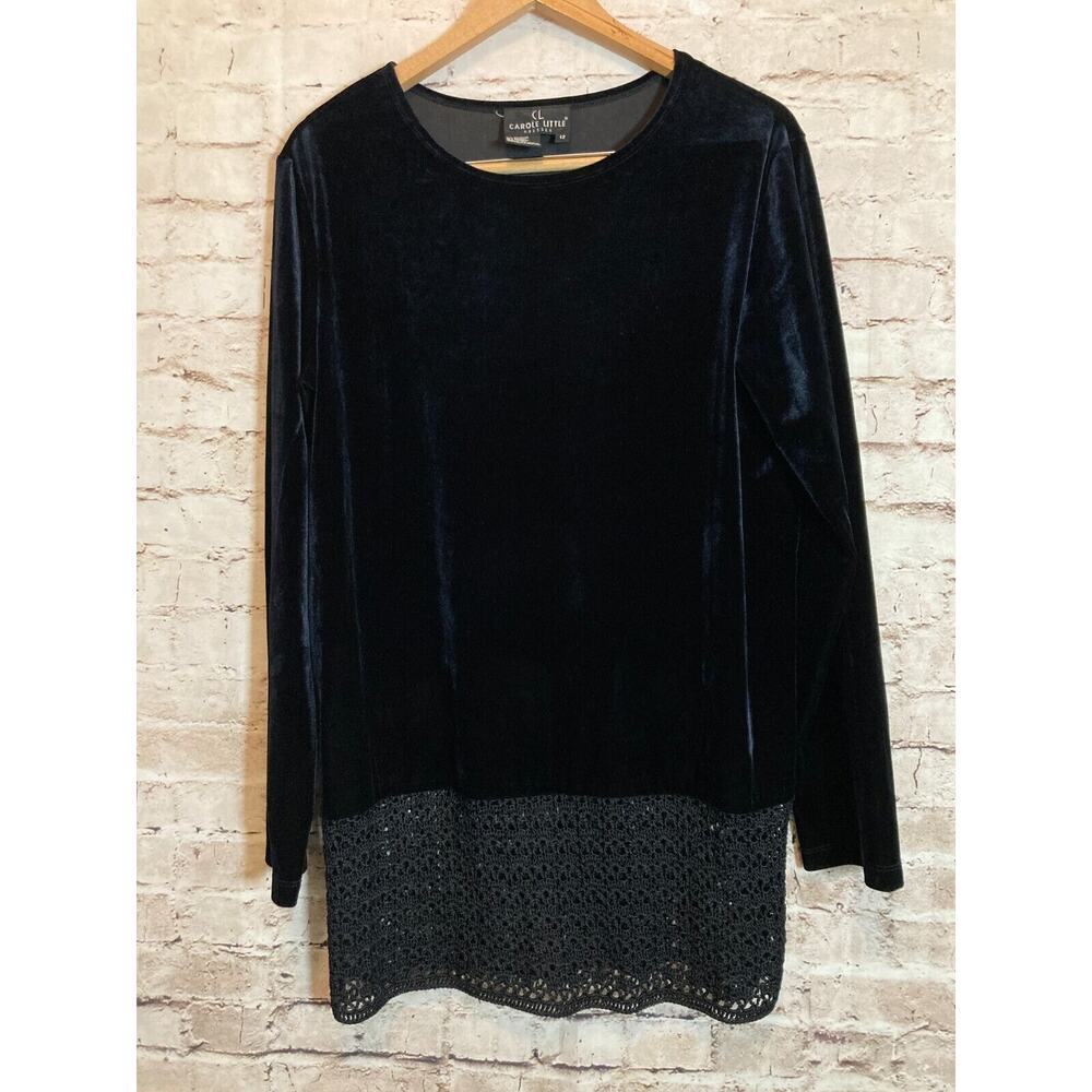 Carole Little Dress Womens 12 Black Velvet Crochet Trimmed Party Evening Stretch